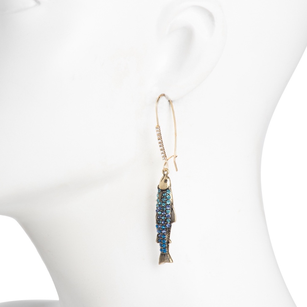 BETSEY JOHNSON Crystal Sardine Fish Dangle Earrings NEW - Picture 2 of 2